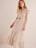 Boden Flutter Sleeve Printed Midi Dress, Cream/Multi