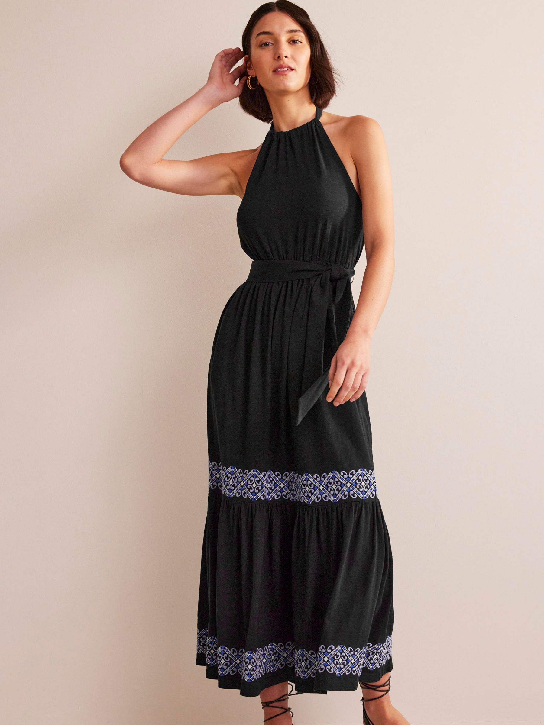 Boden Embroidered Trim Halterneck Tiered Maxi Dress, Black