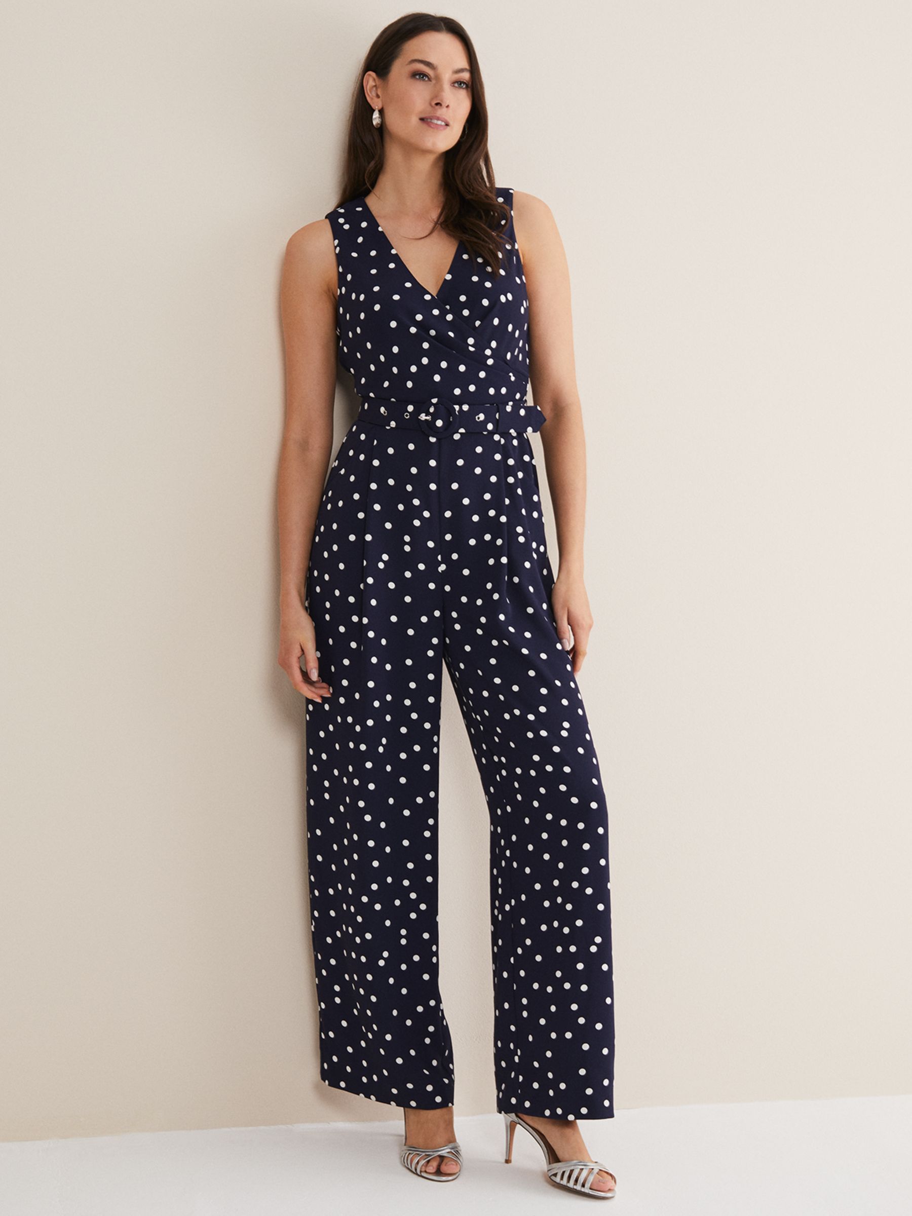 Phase Eight Kenzie Spot Jumpsuit, Navy/Ivory, 26
