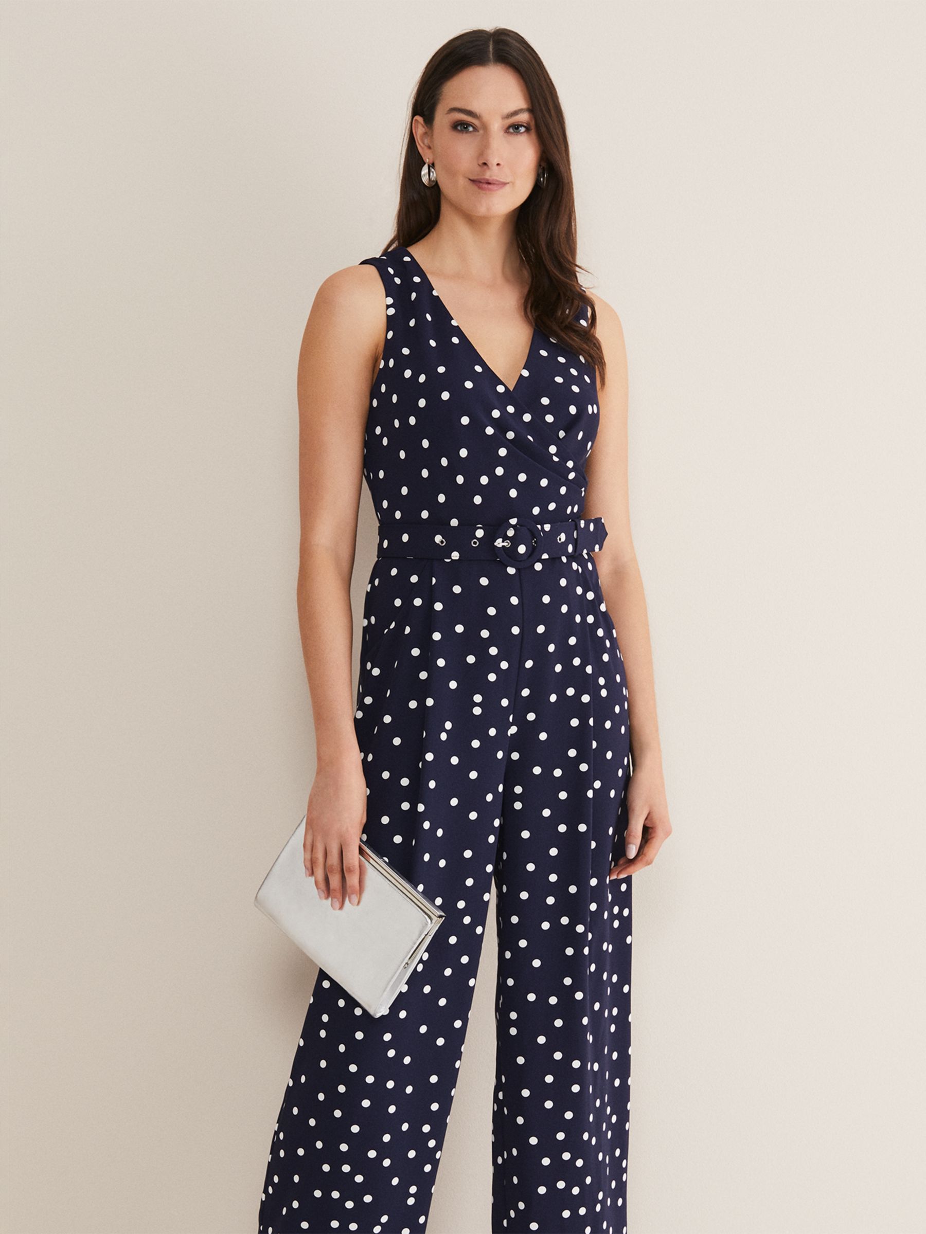 Phase Eight Kenzie Spot Jumpsuit, Navy/Ivory, 26