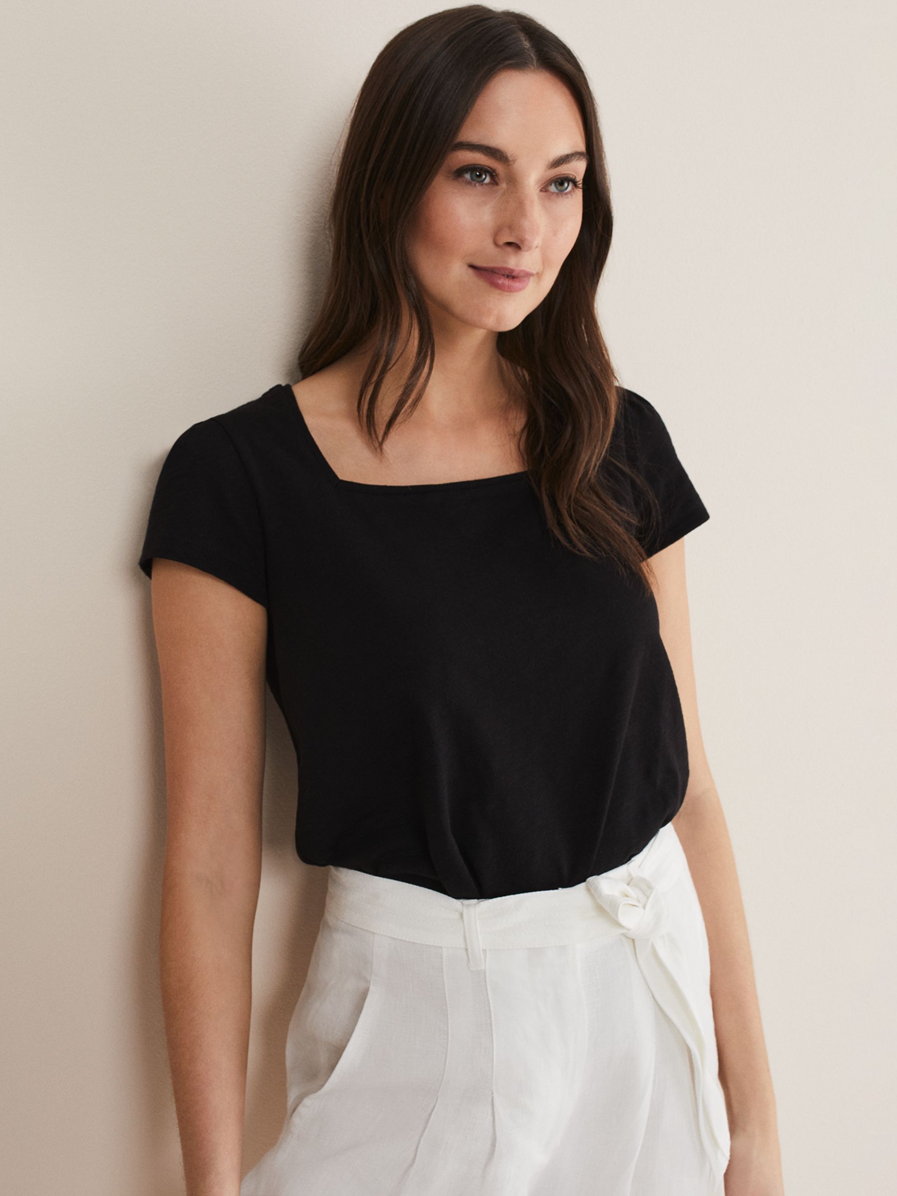 Buy Phase Eight Bella Square Neck Cotton Top, Black Online at johnlewis.com