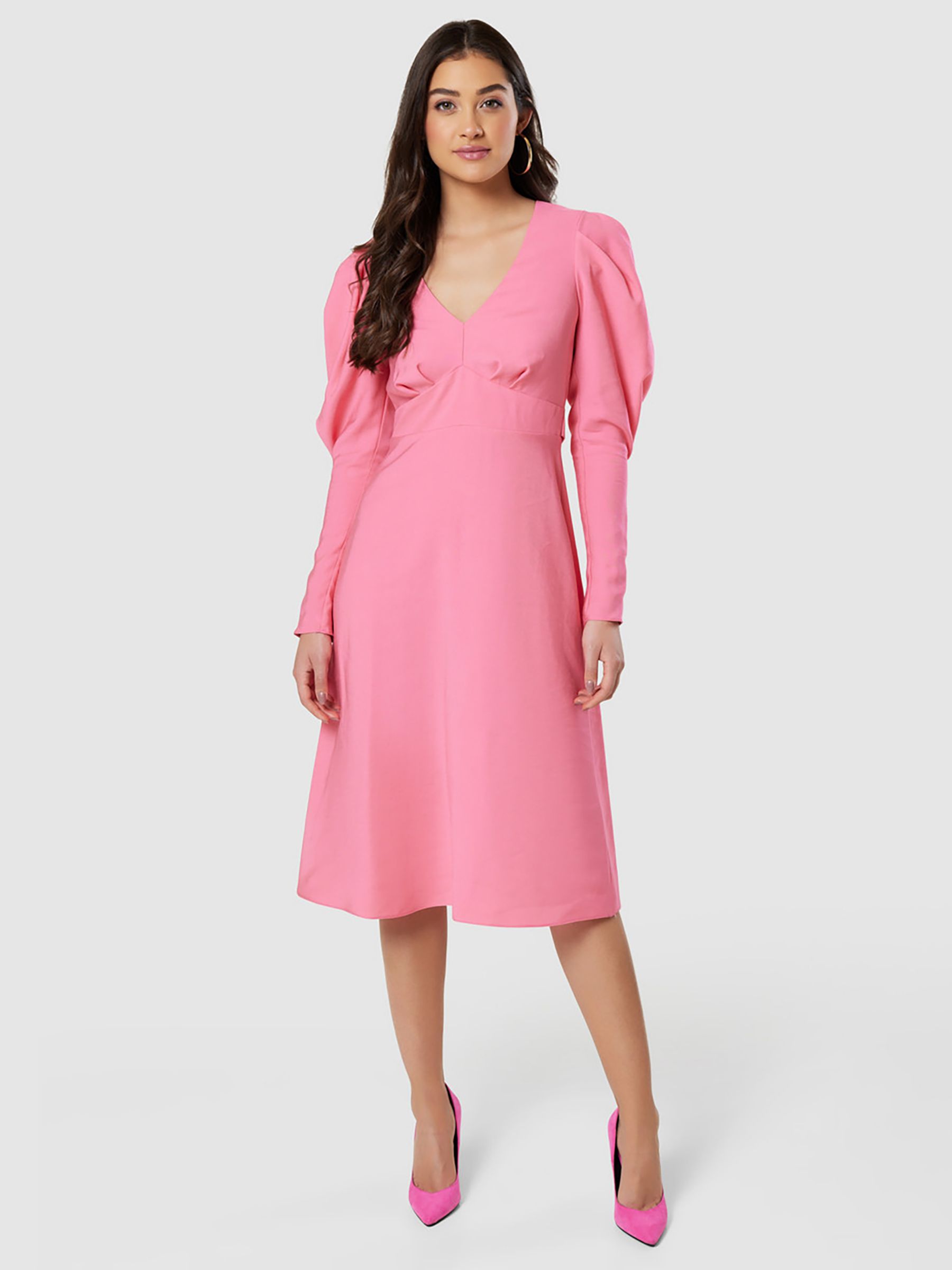 Closet London V-Neck Puff Sleeve Midi Dress, Pink at John Lewis & Partners