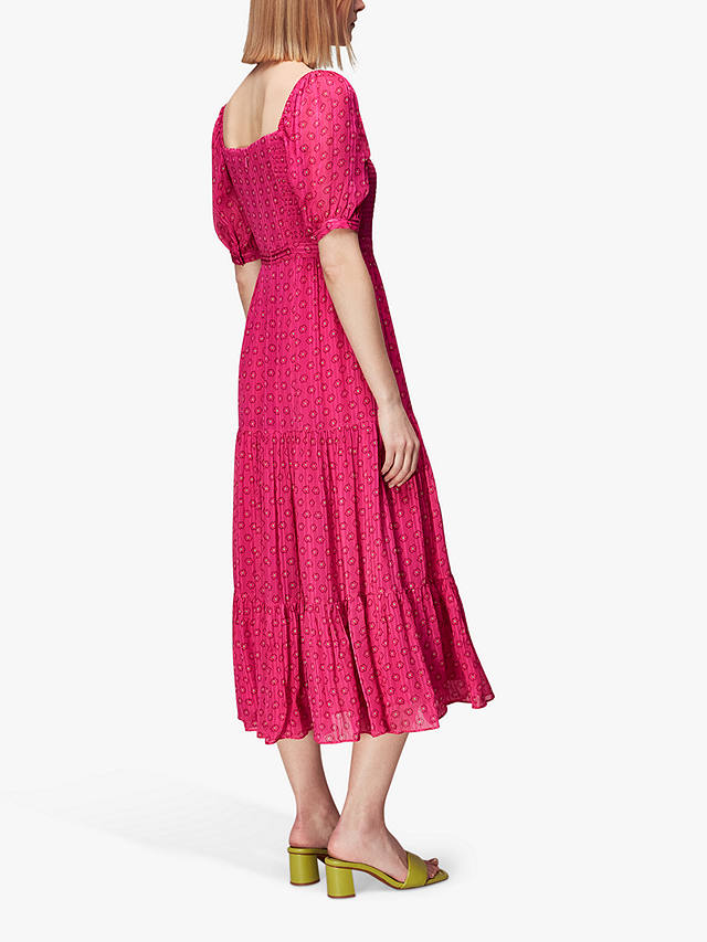 Whistles Amie Flower Charm Print Midi Dress, Hot Pink/Multi