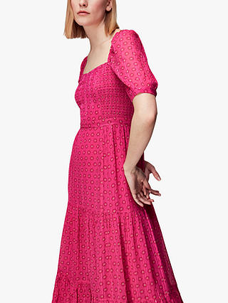 Whistles Amie Flower Charm Print Midi Dress, Hot Pink/Multi