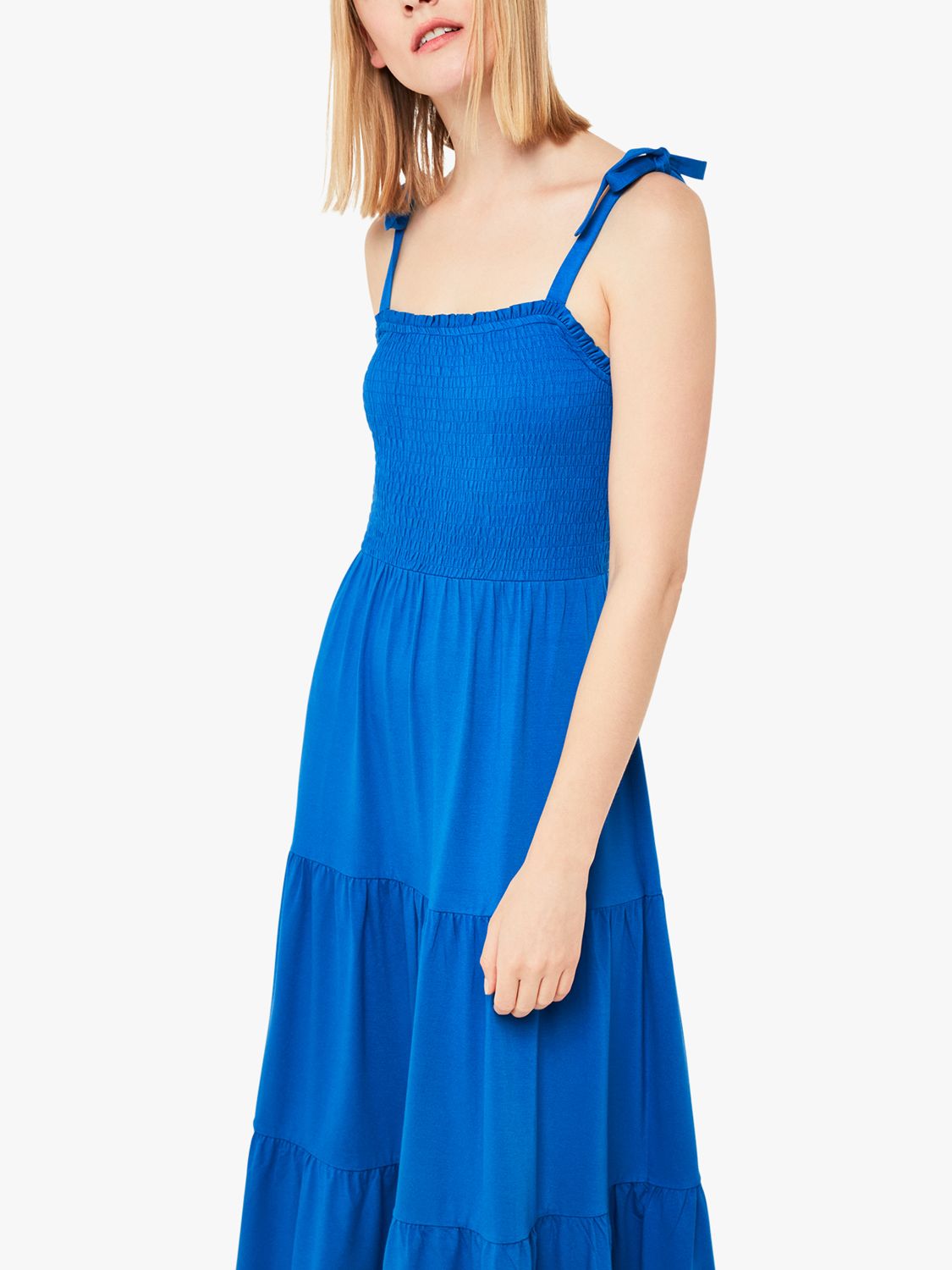 Whistles Smocked Tiered Jersey Dress, Blue, 18