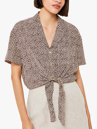 Whistles Dashed Leopard Print Tie Front Top, Brown/Multi
