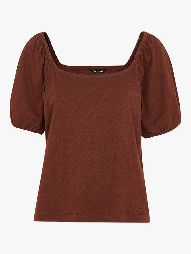 Whistles Square Neck Puff Sleeve Top, Brown