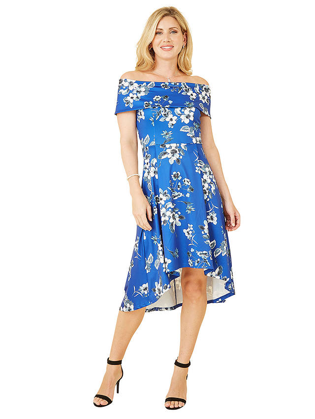 Mela London Floral Bardot Dipped Hem Dress, Blue