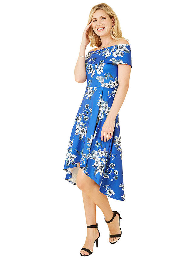 Mela London Floral Bardot Dipped Hem Dress, Blue