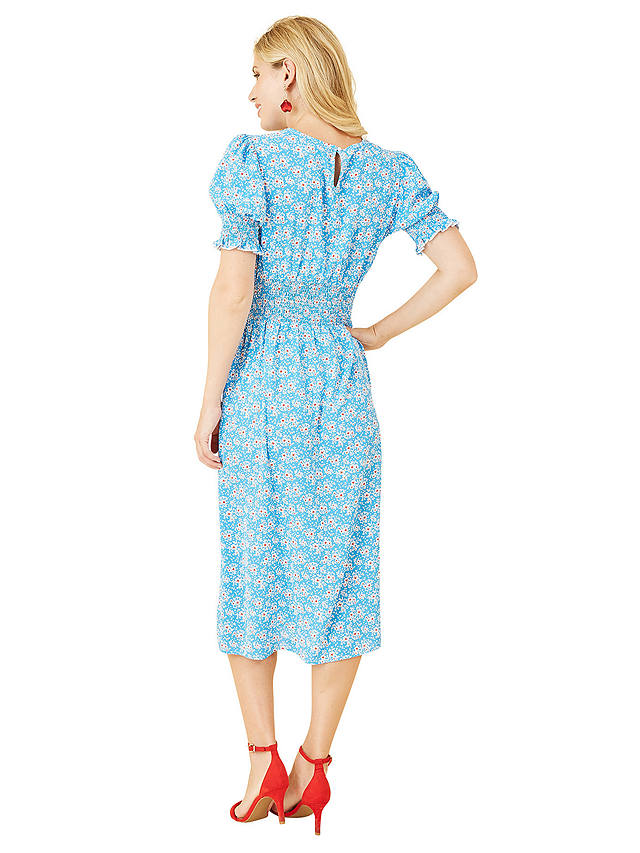 Yumi Mela London Floral Print Shirred Waist Midi Dress, Blue/Multi