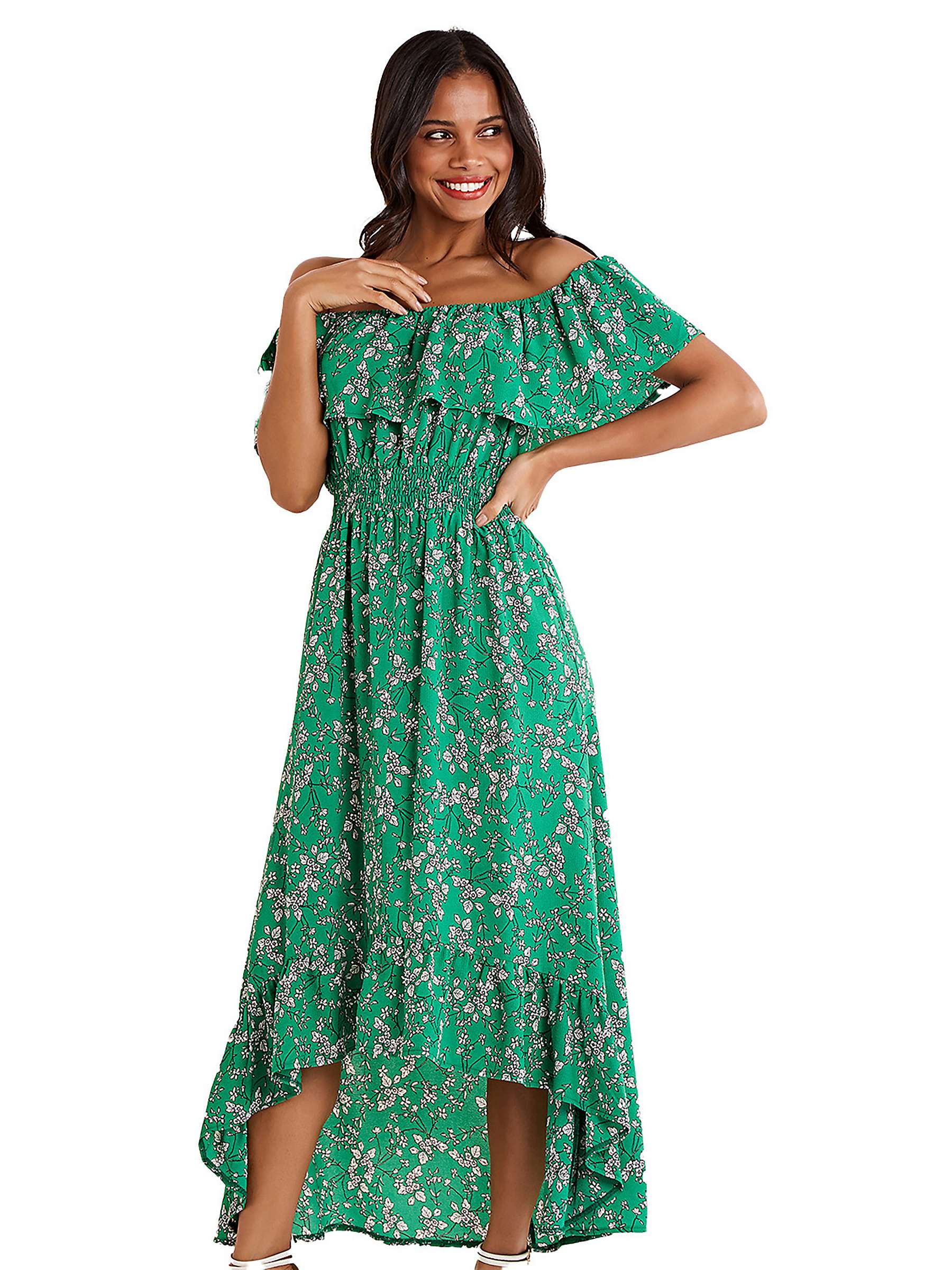 Buy Mela London Ditsy Print Bardot Dipped Hem Dress, Green Online at johnlewis.com