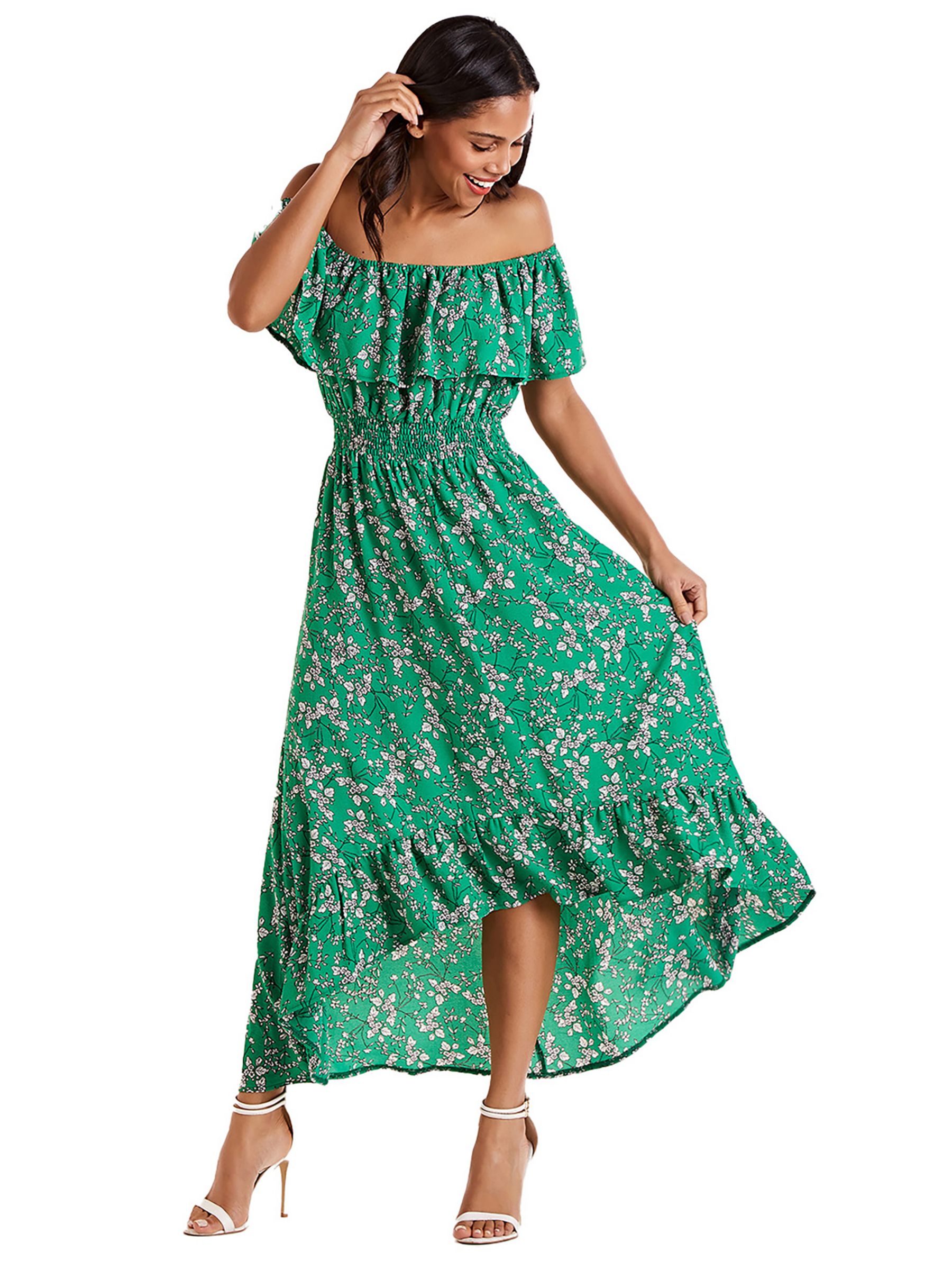 Mela London Ditsy Print Bardot Dipped Hem Dress, Green, 8