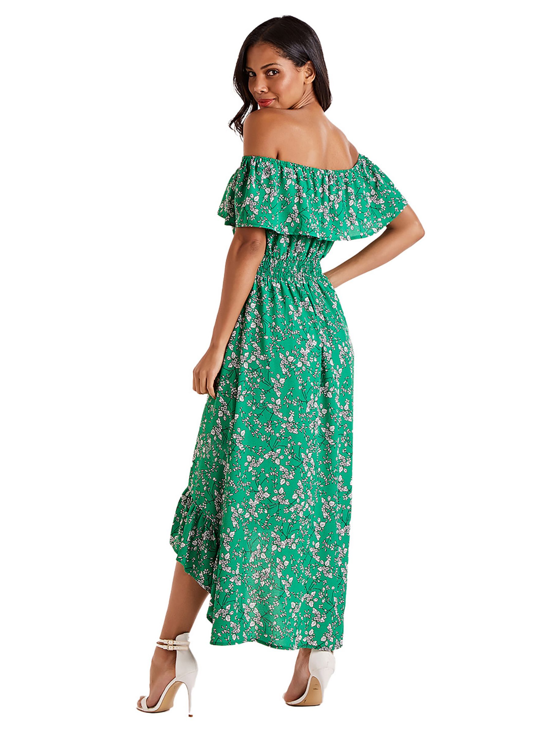 Mela London Ditsy Print Bardot Dipped Hem Dress, Green, 8