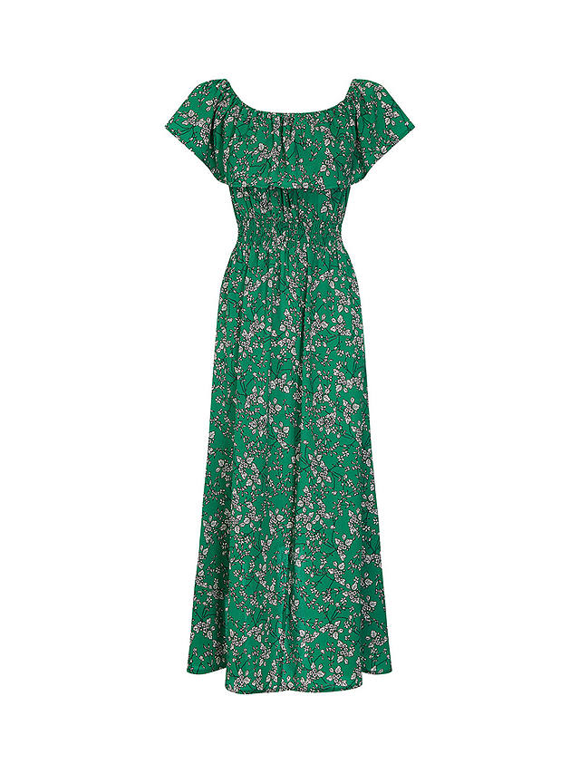 Mela London Ditsy Print Bardot Dipped Hem Dress, Green