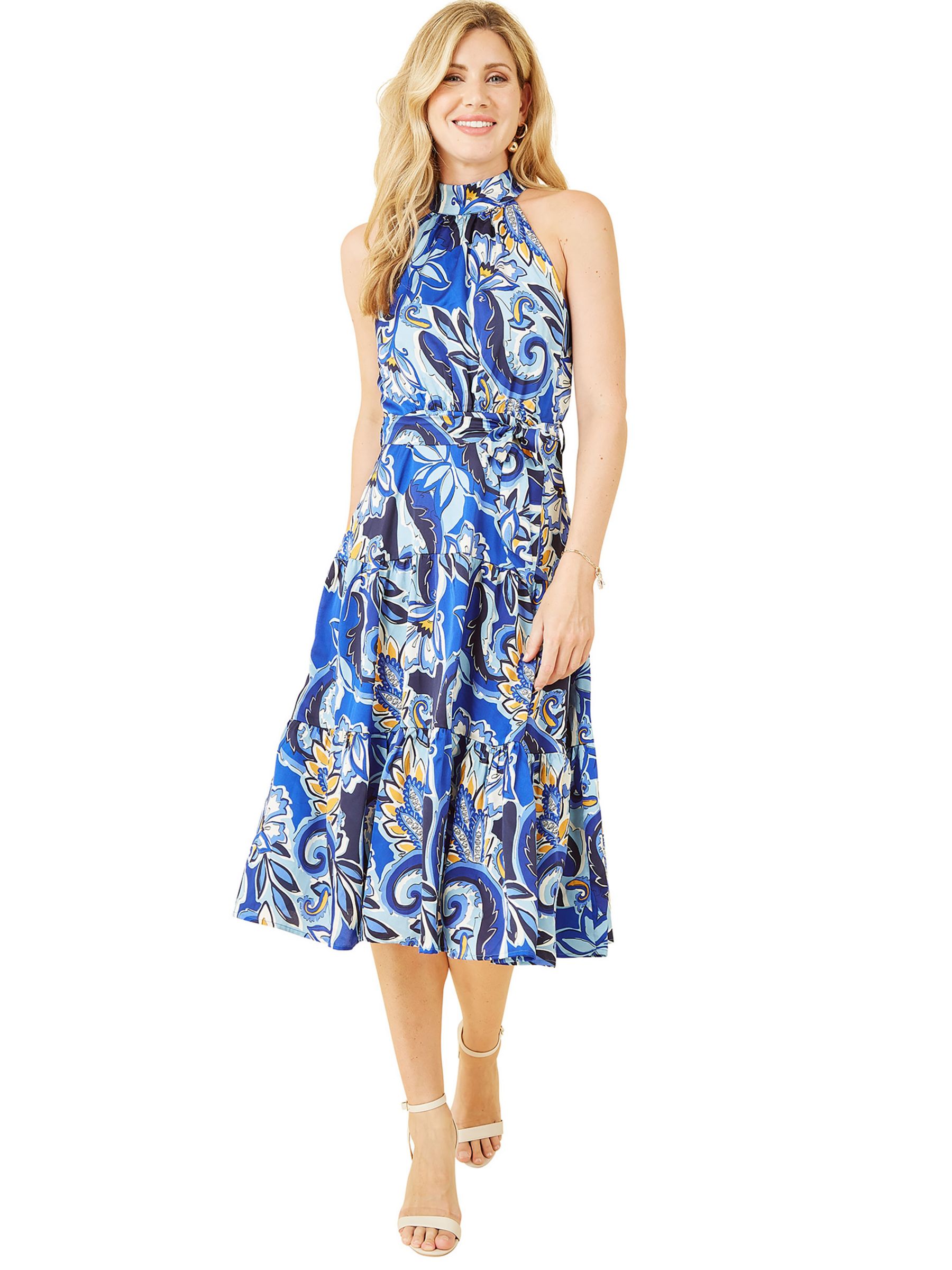 Yumi Mela London Paisley Floral Halter Neck Midi Dress, Blue, 8