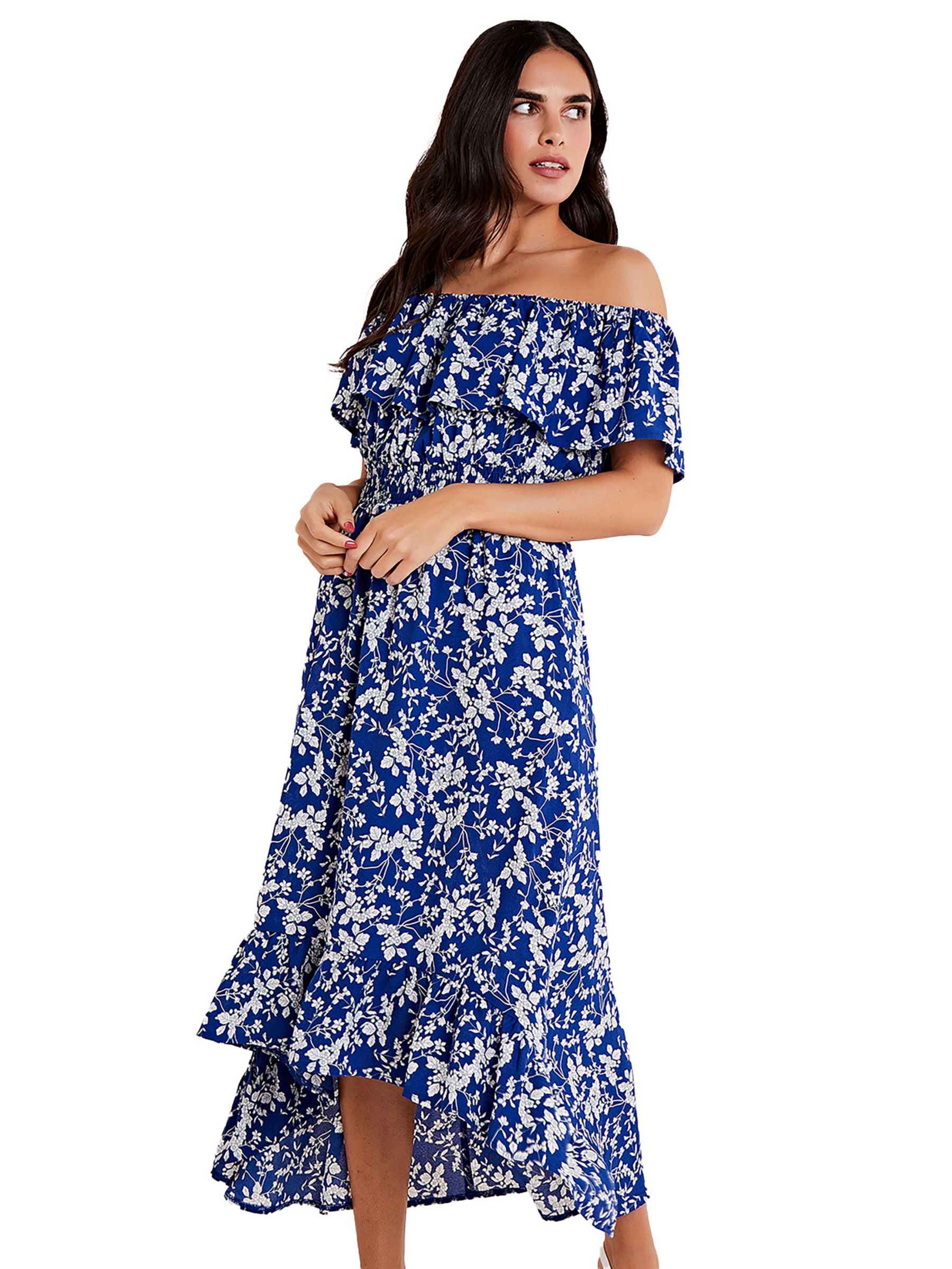 Mela London Ditsy Print Bardot Dipped Hem Dress, Blue, 18