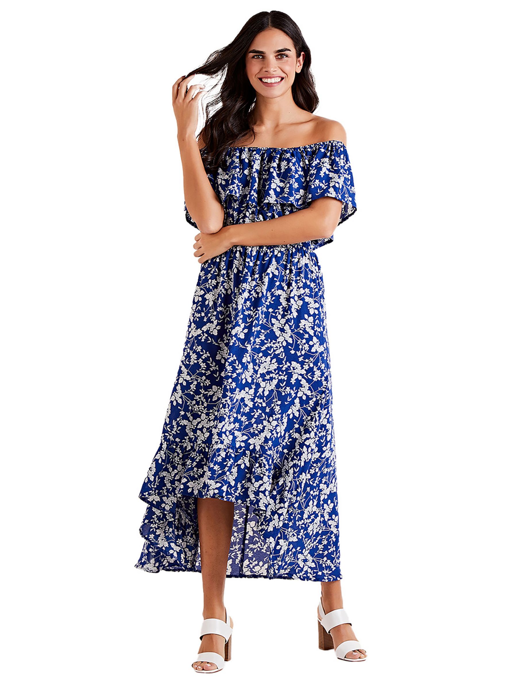 Mela London Ditsy Print Bardot Dipped Hem Dress, Blue, 18