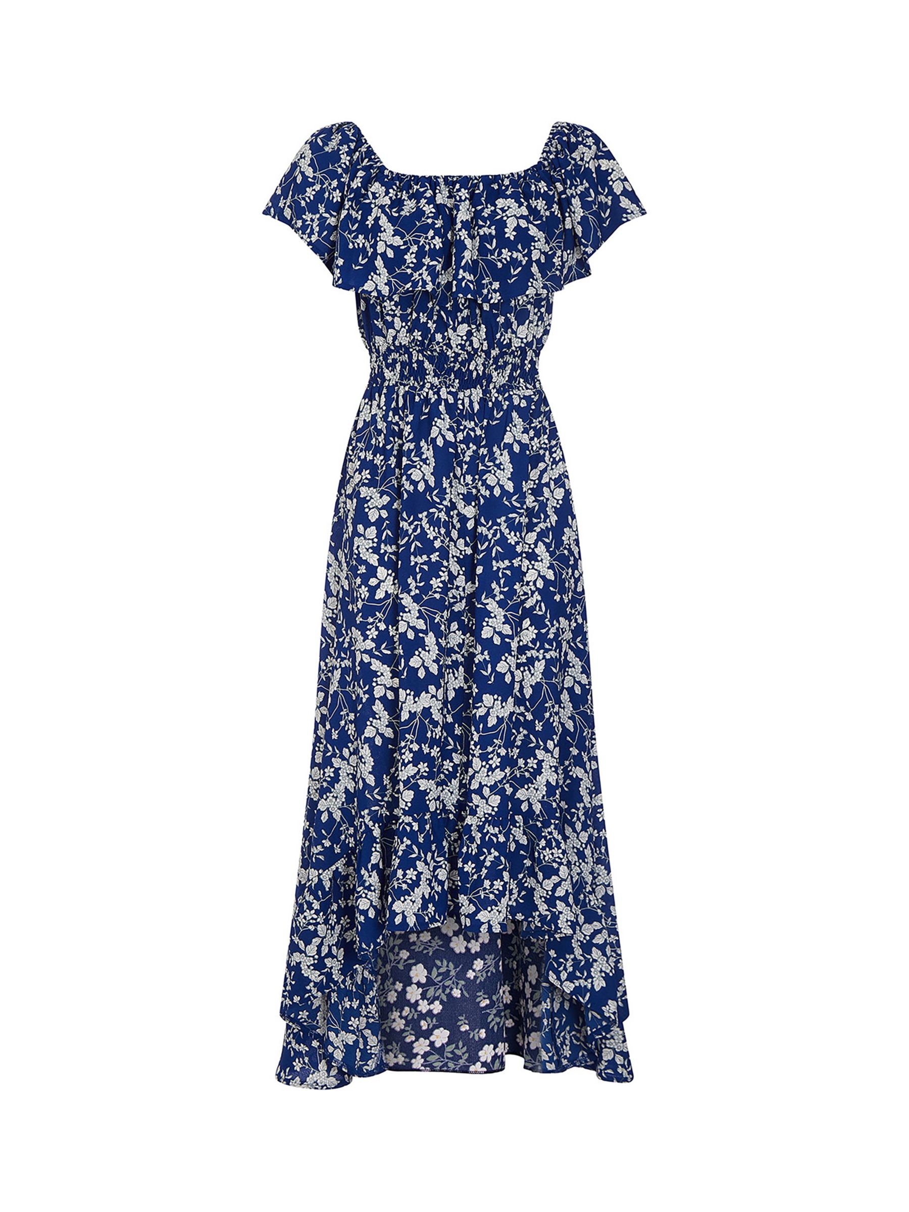 Mela London Ditsy Print Bardot Dipped Hem Dress, Blue, 18