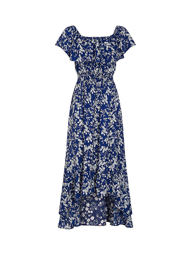 Mela London Ditsy Print Bardot Dipped Hem Dress, Blue