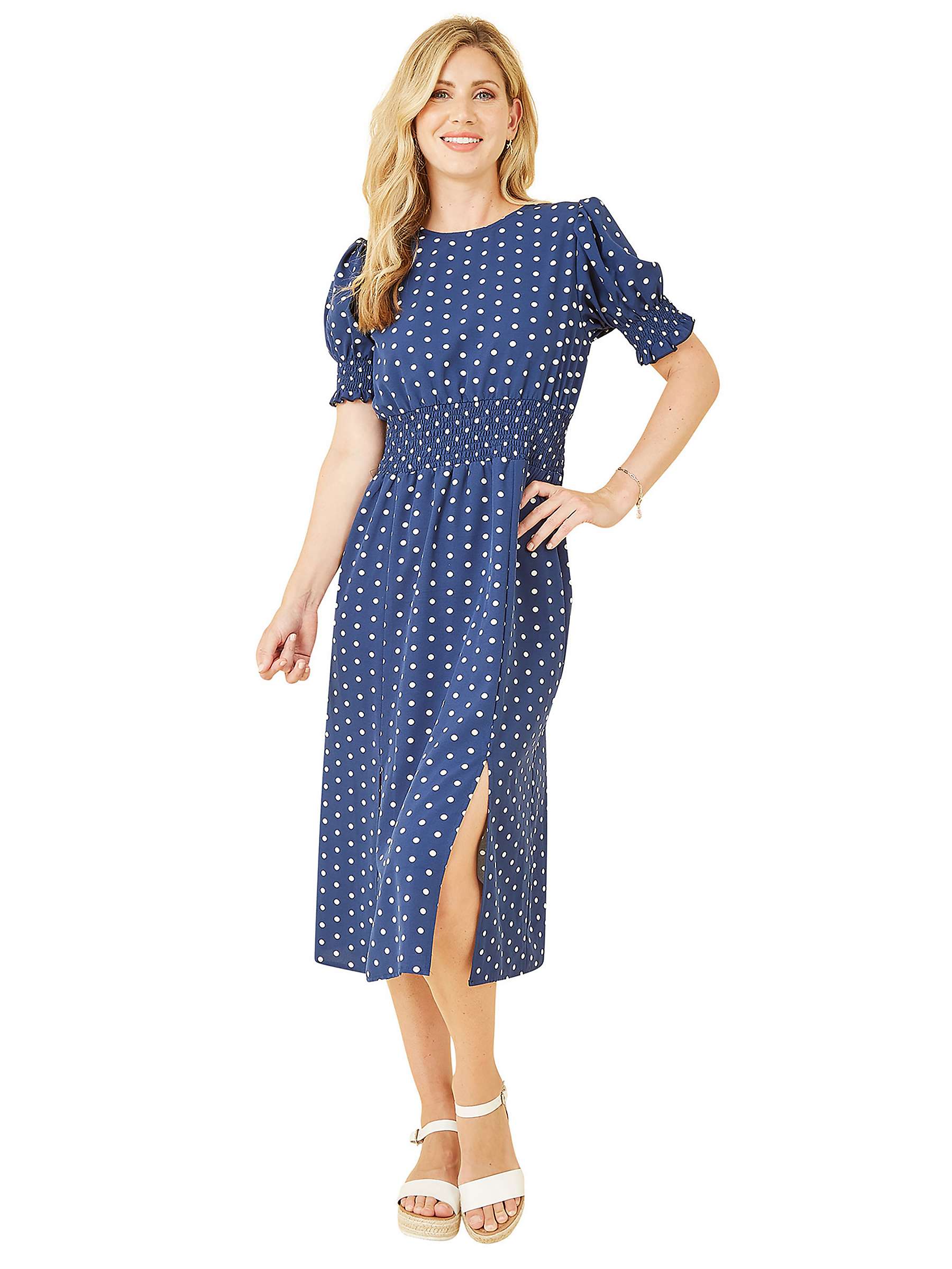 Buy Yumi Mela London Polka Dot Print Shirred Waist Midi Dress, Navy Online at johnlewis.com