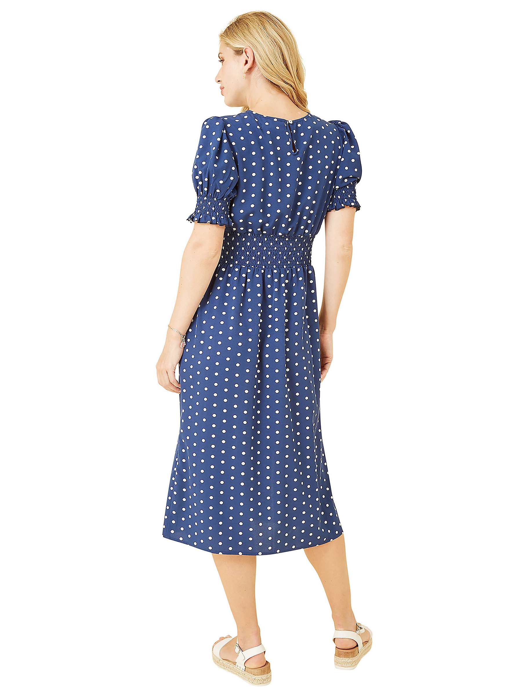 Buy Yumi Mela London Polka Dot Print Shirred Waist Midi Dress, Navy Online at johnlewis.com