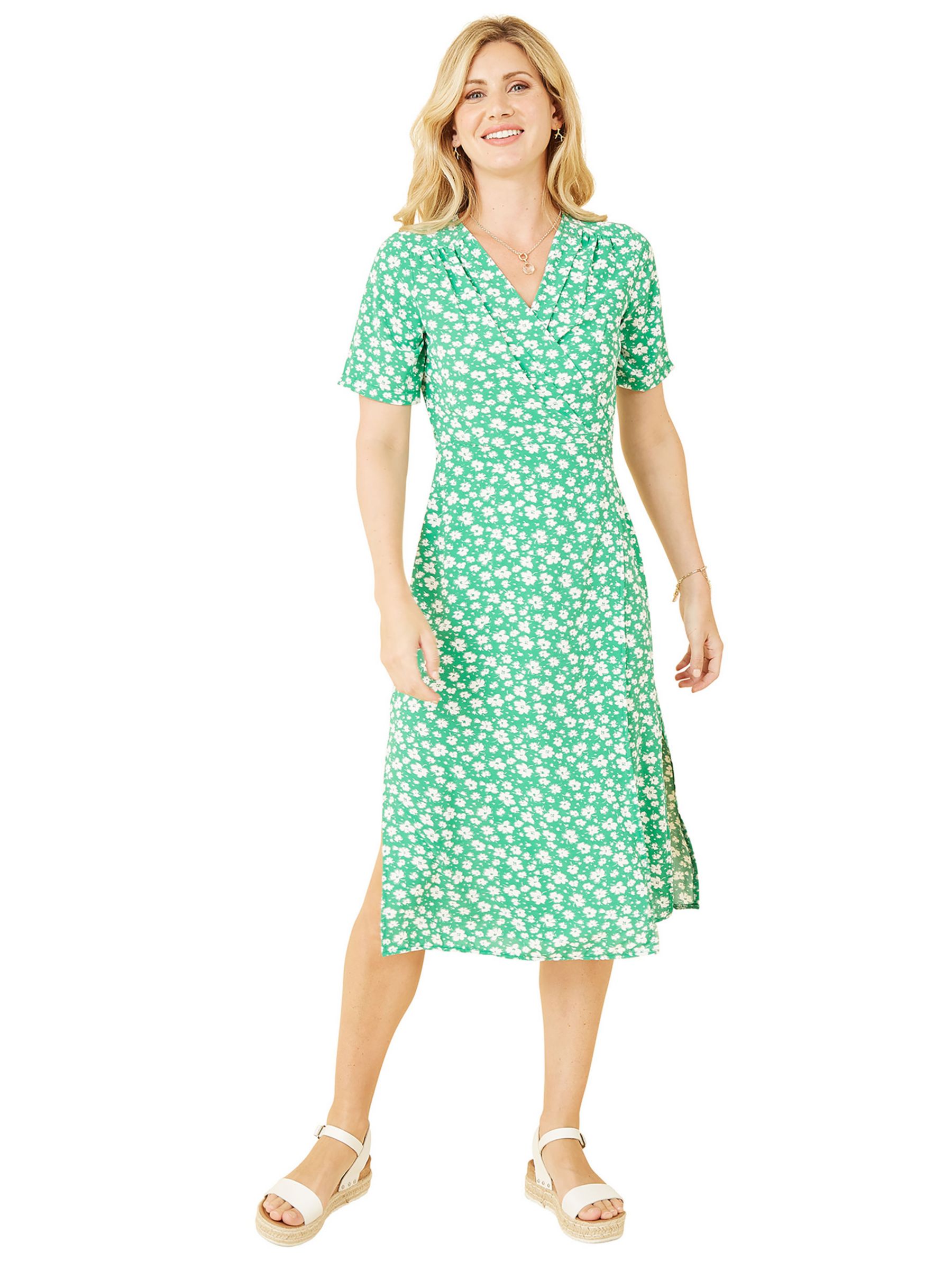 Yumi Mela London Ditsy Print Wrap Over Midi Dress, Green, 8