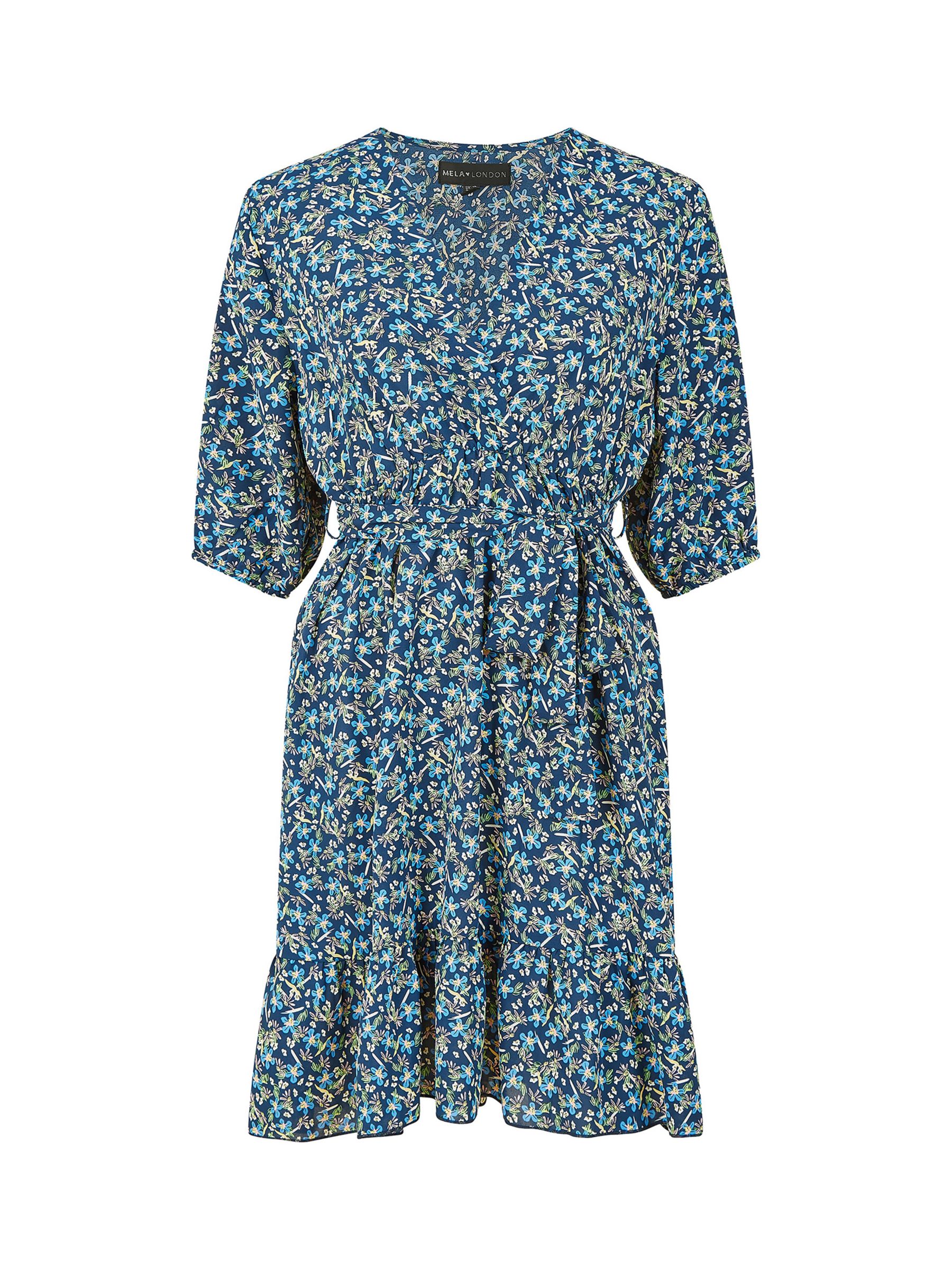Mela London Ditsy Floral Wrap Skater Dress, Blue, 8