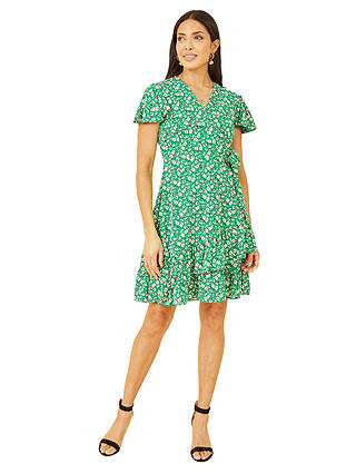 Mela London Ditsy Print Frill Wrap Dress, Green
