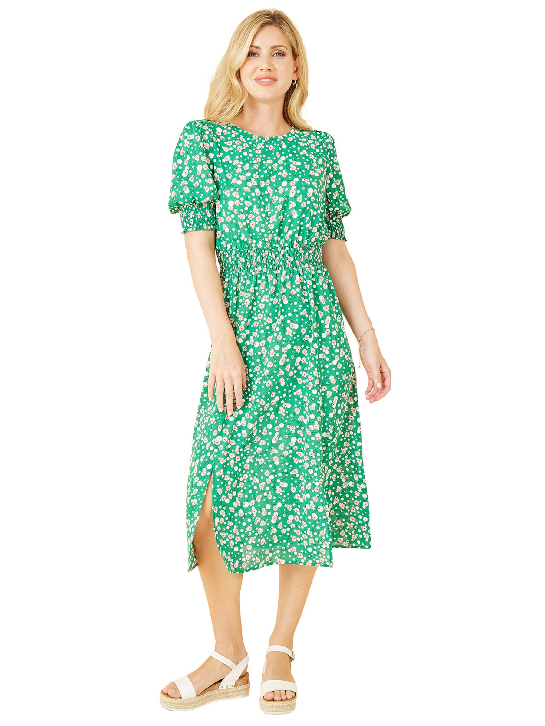 Yumi Mela London Floral Print Ruched Midi Dress, Green at John Lewis ...