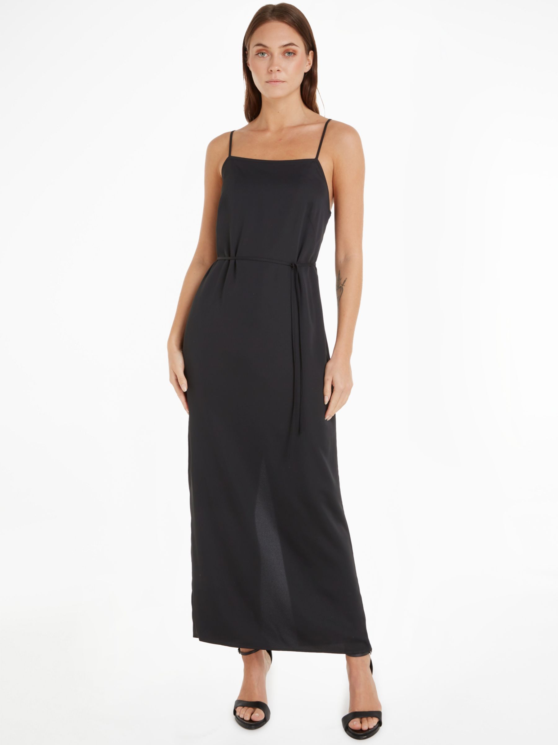 Calvin Klein Plain Belted Square Neck Midi Dress, CK Black, 10