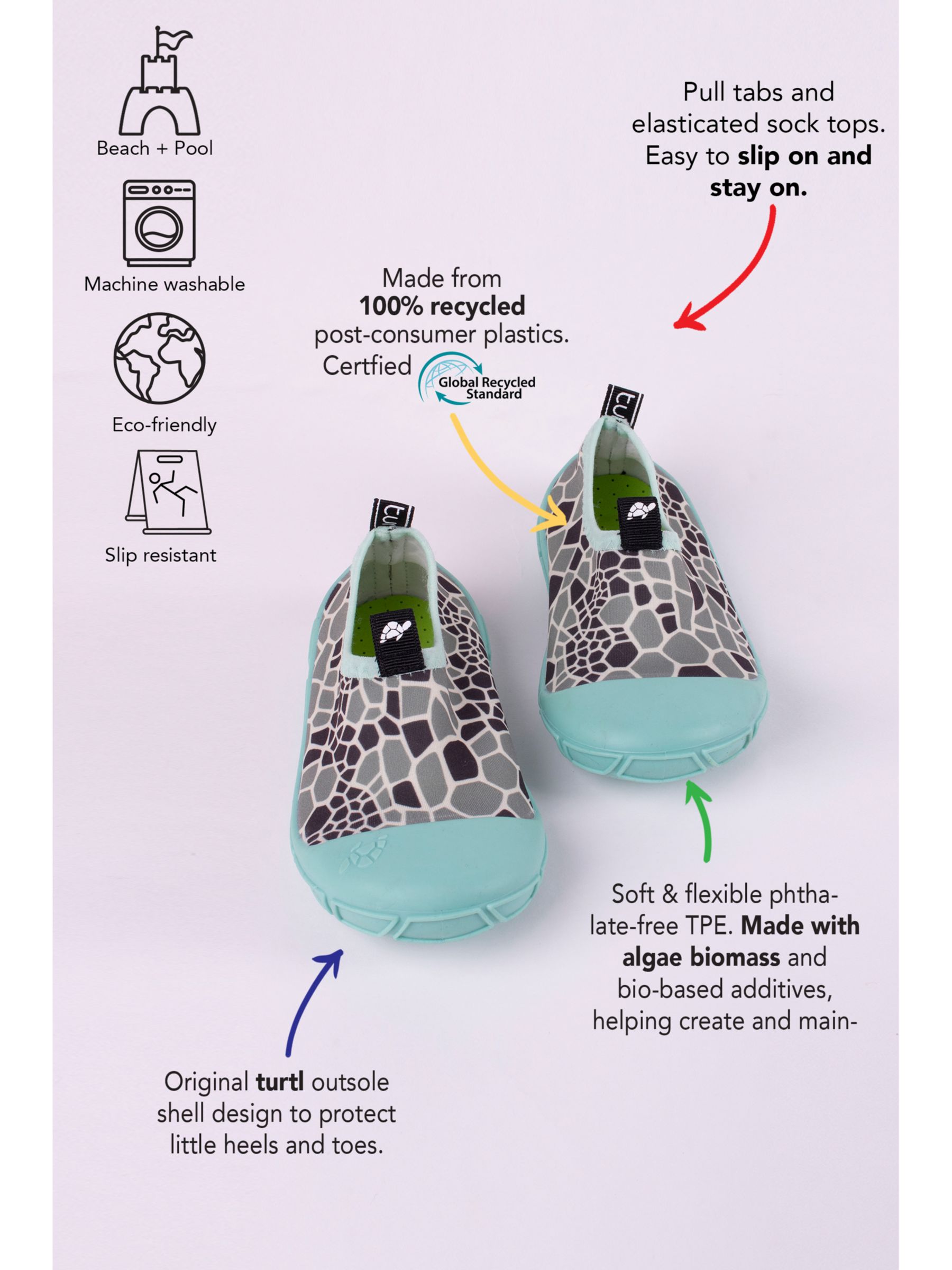 Turtl Kids' Recycled Aqua Shoes, Print/Aqua, 2-3