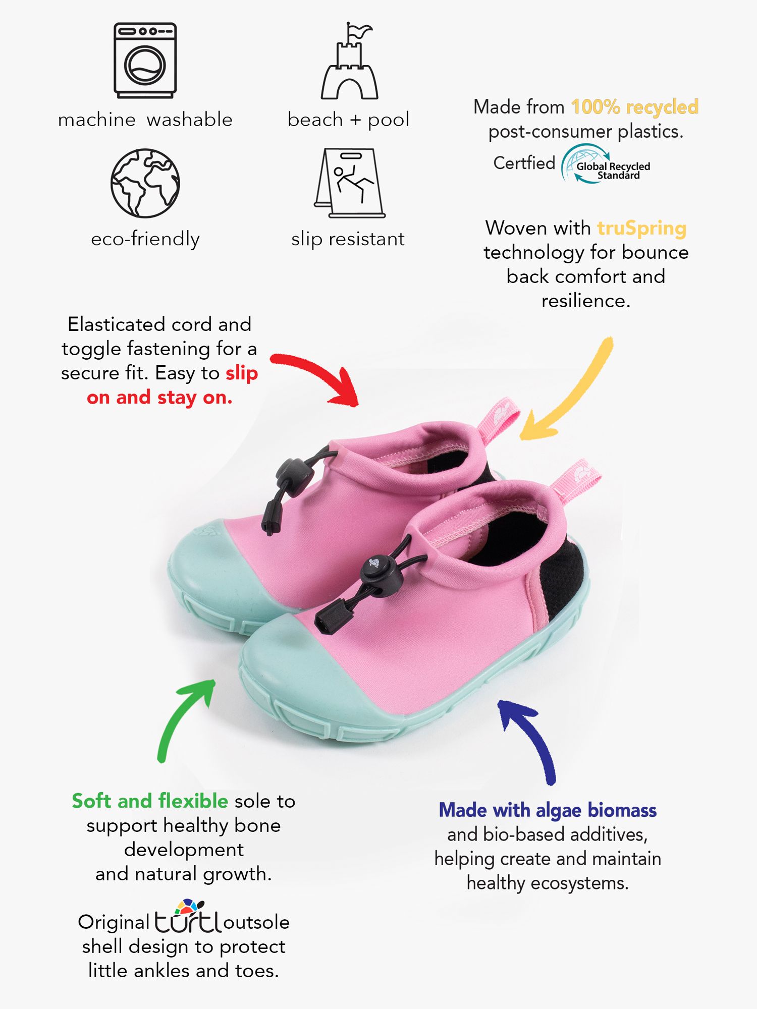 Turtl Kids' Recycled Toggle Aqua Shoes, Pink, 2-3