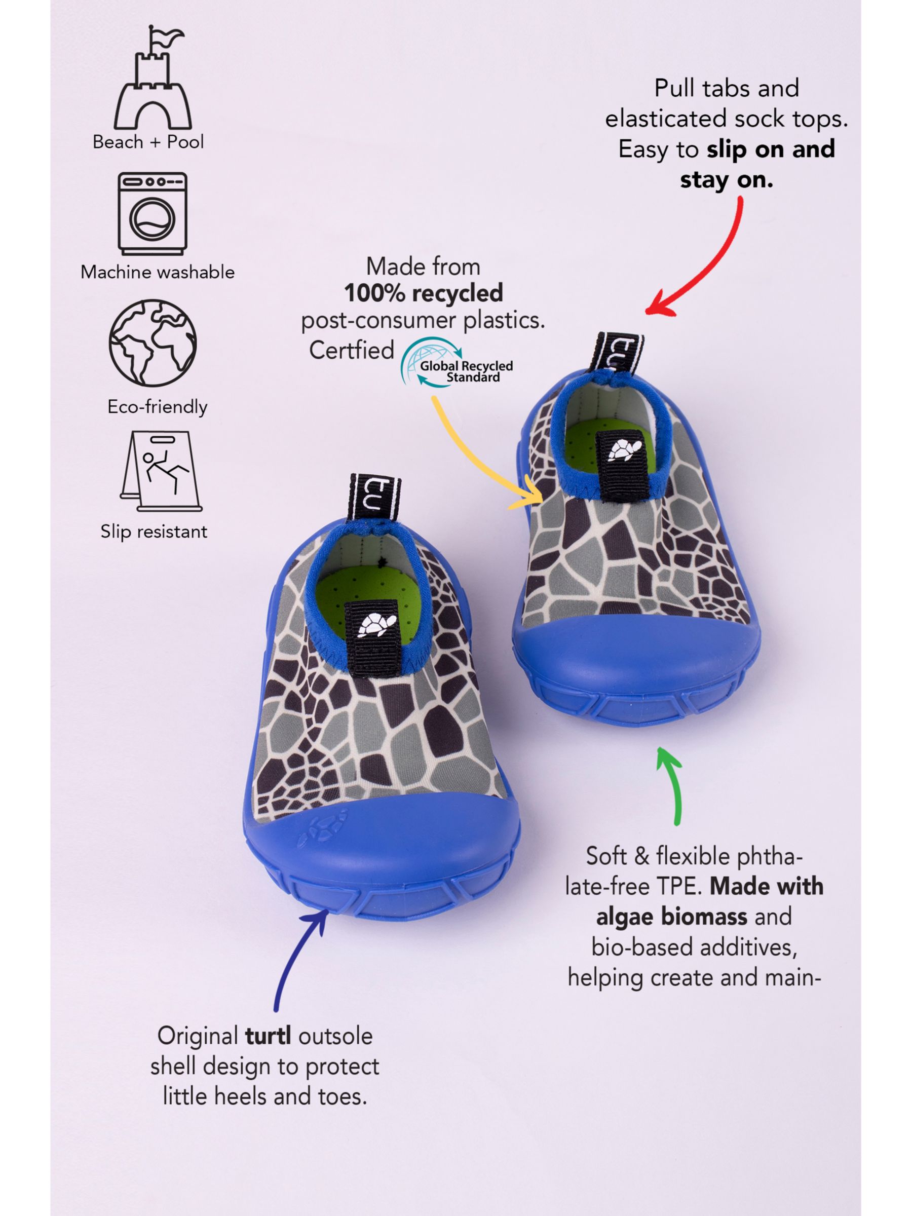 Turtl Kids' Recycled Aqua Slip On Shoes, Blue/Grey, 5-6