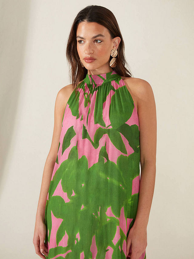 Ro&Zo Leaf Print Halter Neck Maxi Dress, Pink/Green