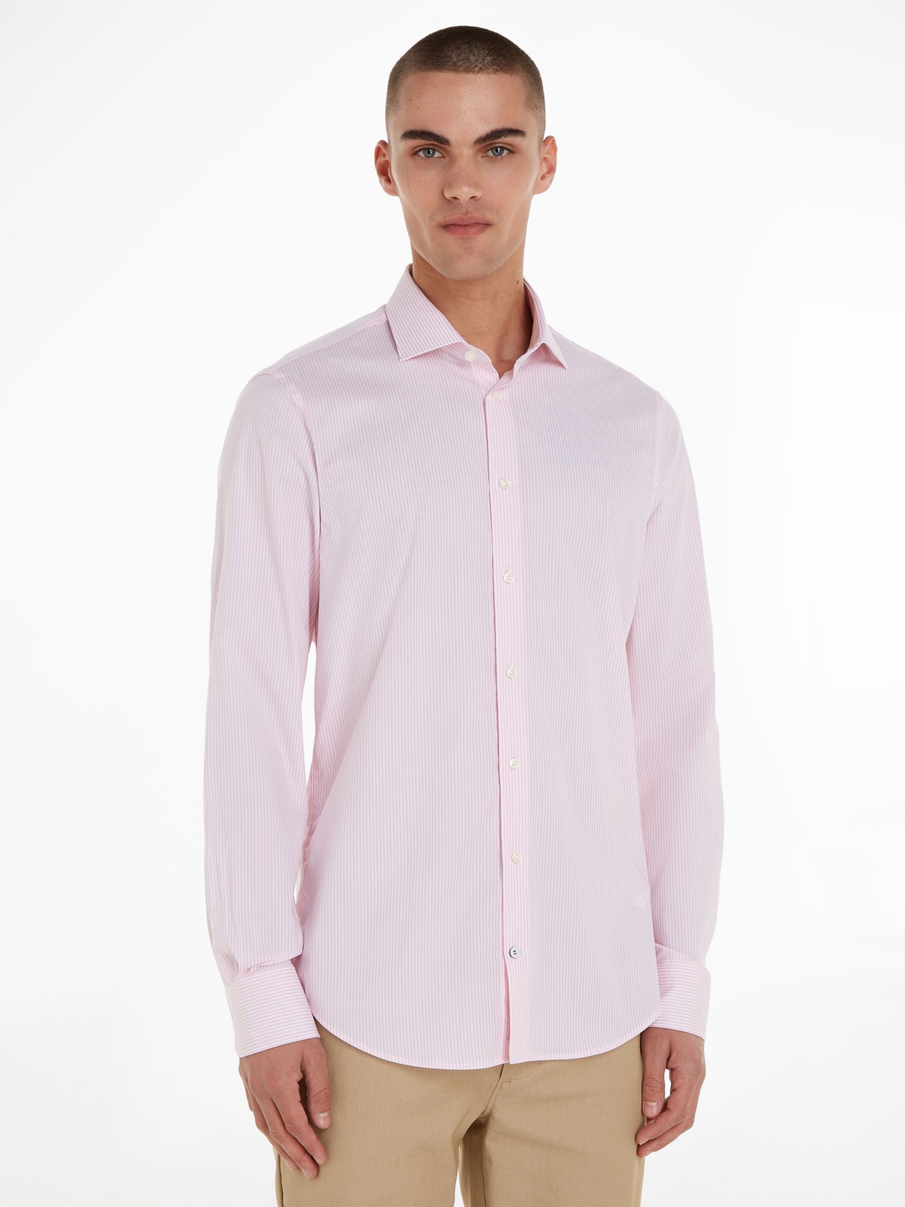 Tommy Hilfiger Flex Collar Slim Fit Stripe Shirt, Pink/White at John ...