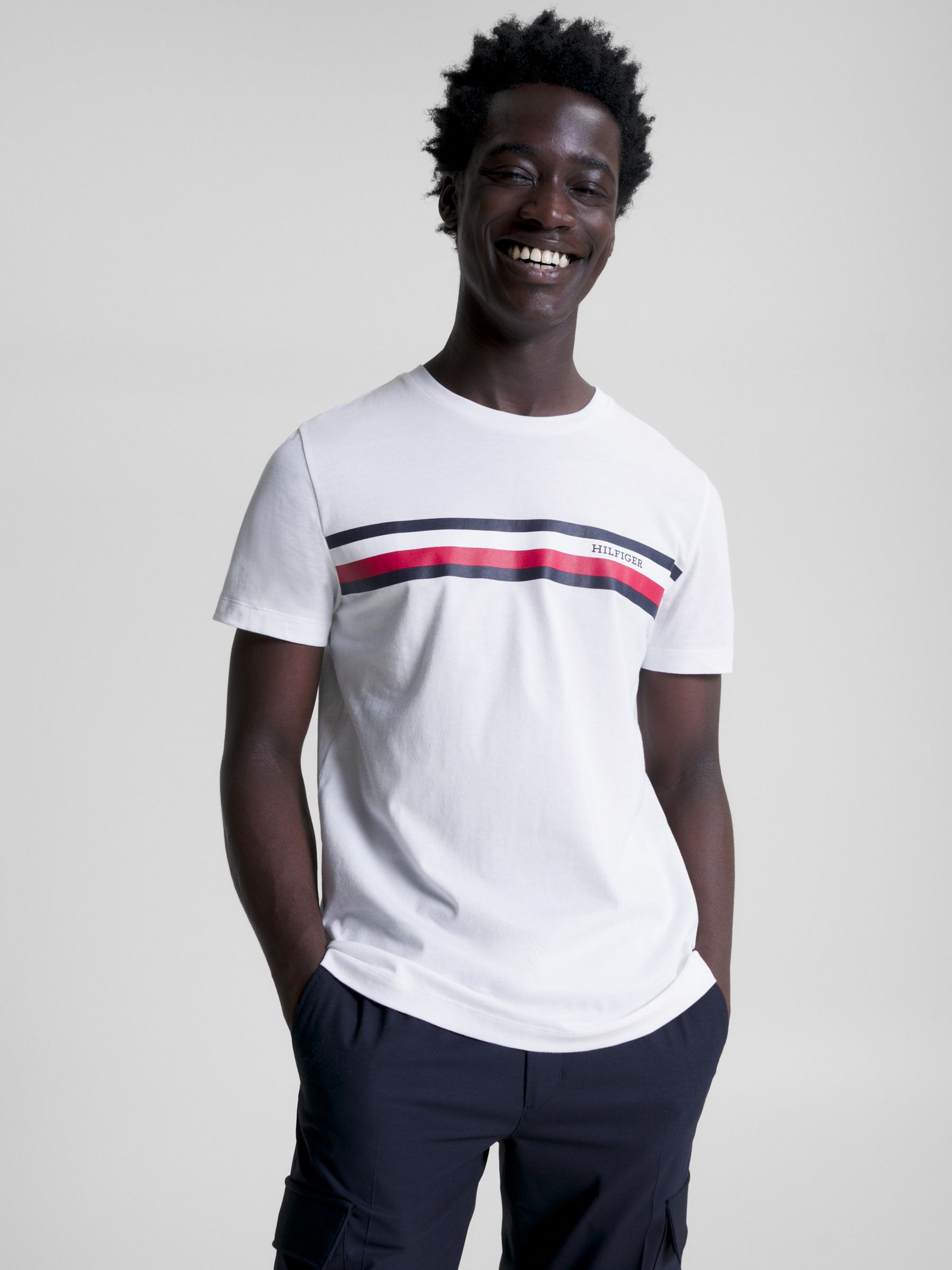Tommy Hilfiger Logo Embroidered Stripe Organic Cotton T-Shirt, White, XL