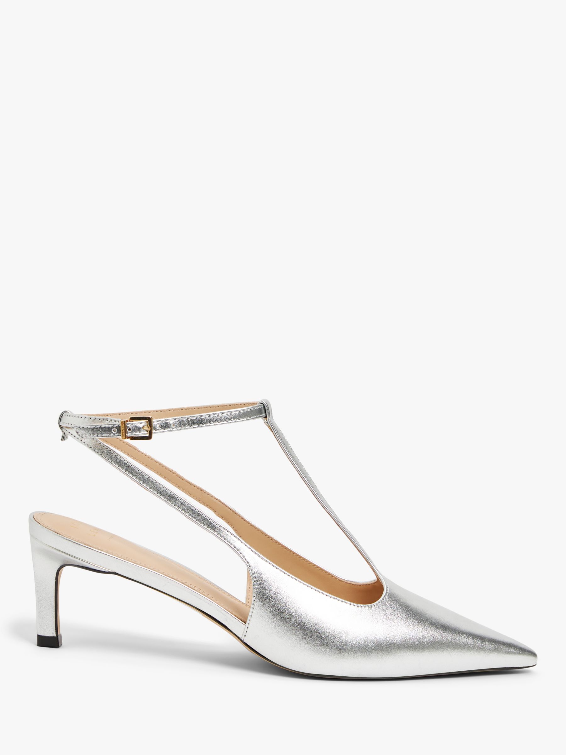 John Lewis Brynn Leather T-Bar Mid Heel Open Court Shoes, Silver at ...