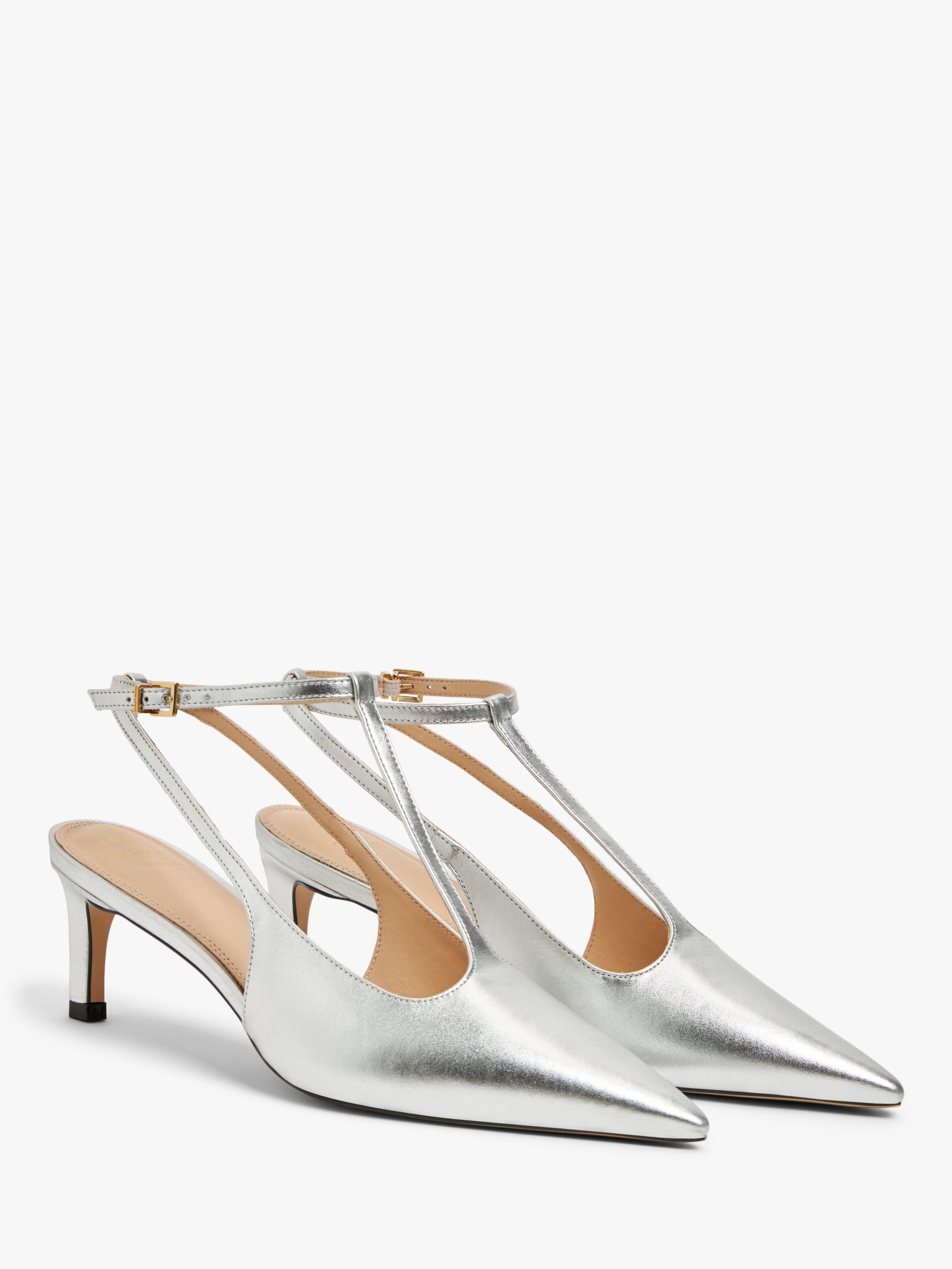 John Lewis Brynn Leather T-Bar Mid Heel Open Court Shoes, Silver, 8
