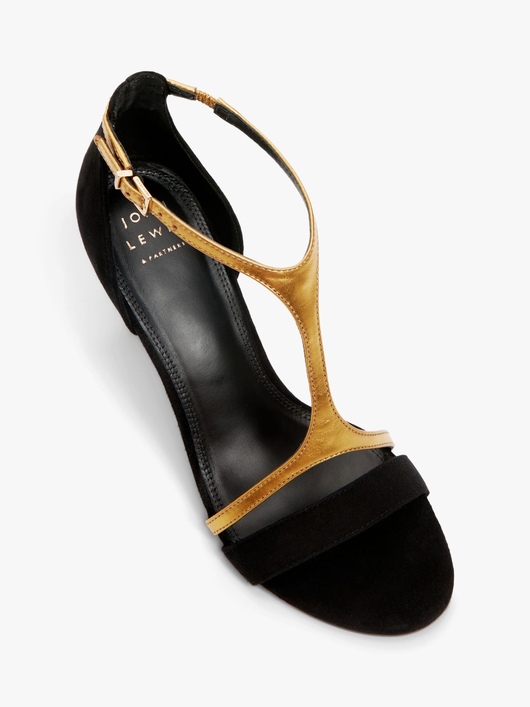 John Lewis Maryland Suede High Heel Dressy T-Bar Sandals, Black/Gold, 3