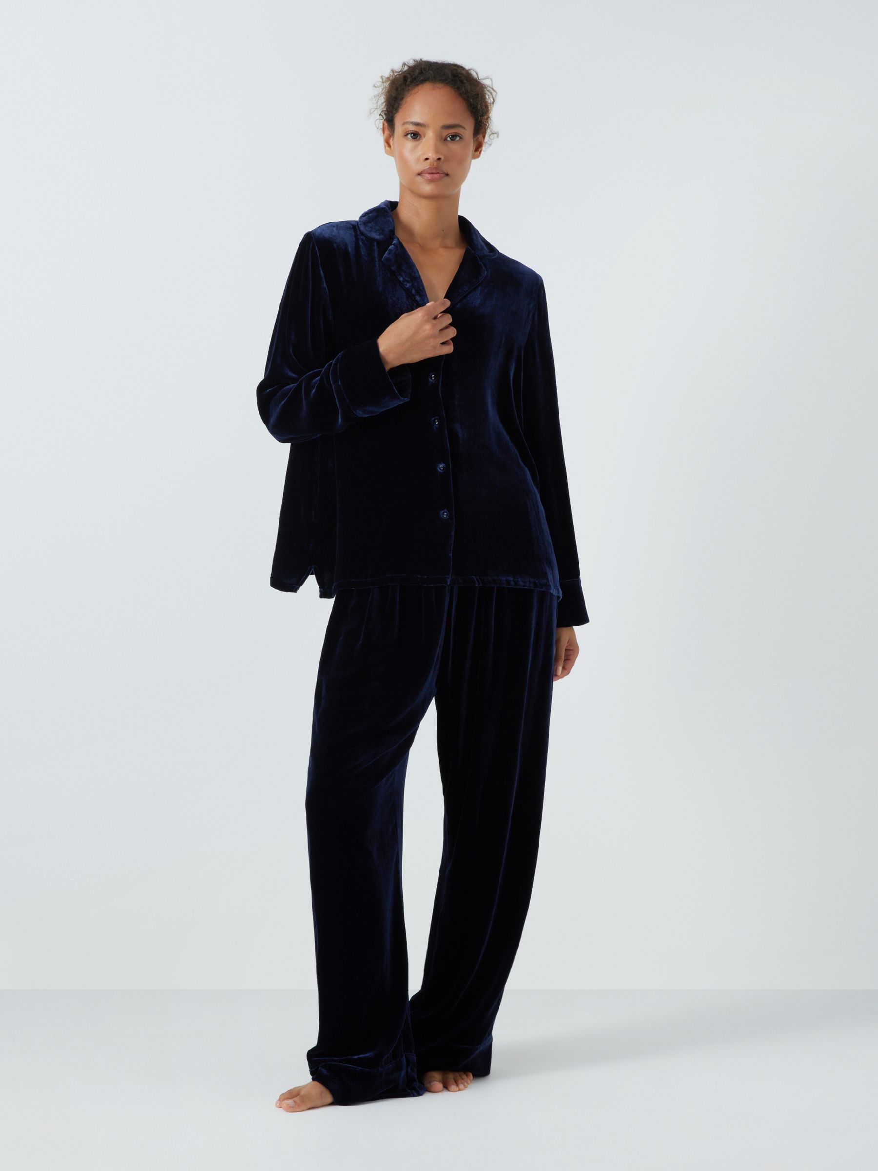 John Lewis Velour Silk Blend Shirt Lounge Set, Navy at John Lewis & Partners