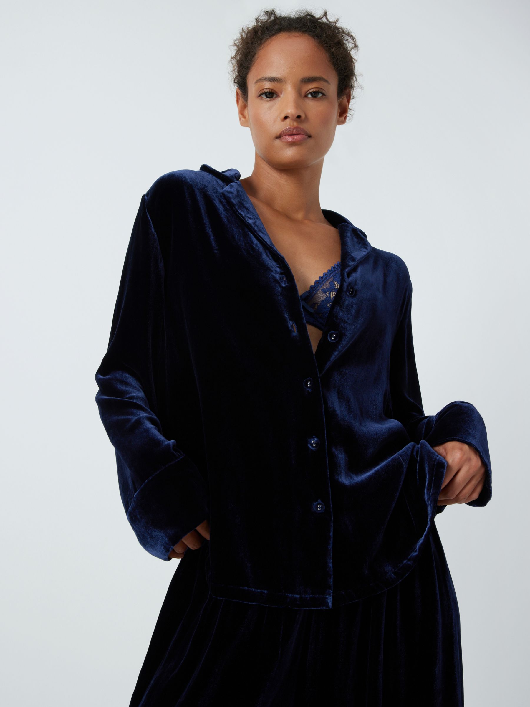 John Lewis Plain Velour Silk Blend Shirt Pyjama Set, Navy, S