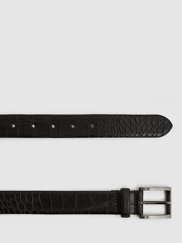Reiss Albany Leather Croc Effect Belt, Black/Gunmetal