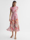 Reiss Ivy Floral Print Cut Out Back Satin Dress, Pink/Multi