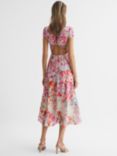 Reiss Ivy Floral Print Cut Out Back Satin Dress, Pink/Multi