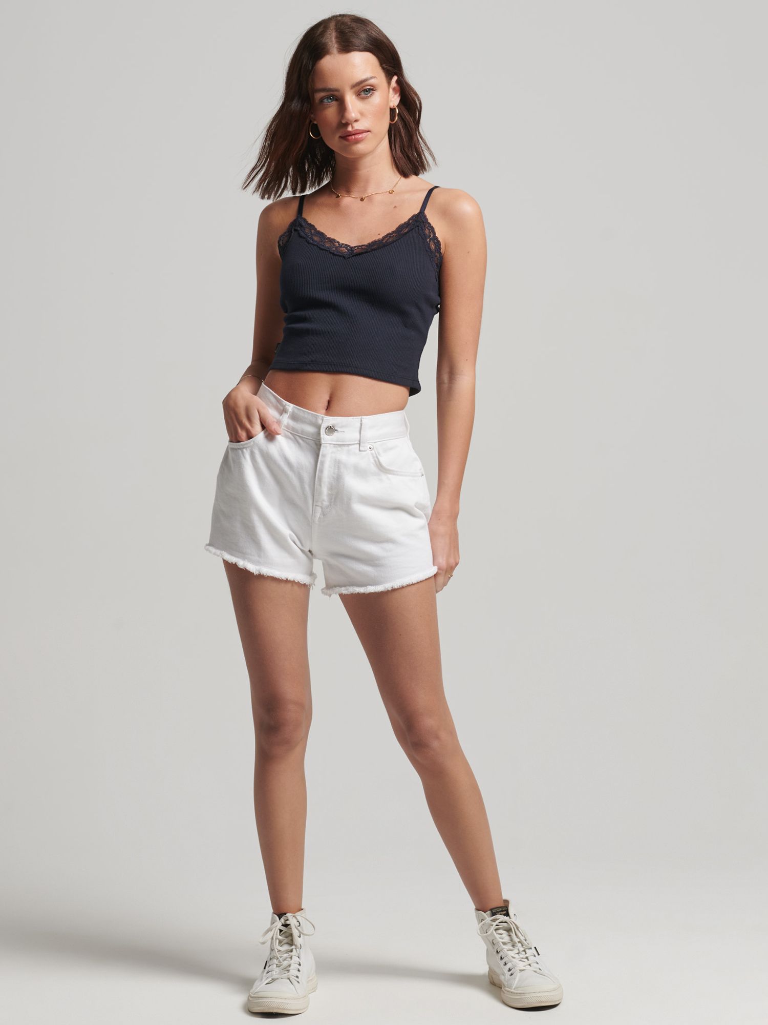 Superdry Rib Lace Trim Cami Top, Eclipse Navy at John Lewis & Partners