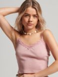 Superdry Rib Lace Trim Cami Top, La Soft Pink Marl