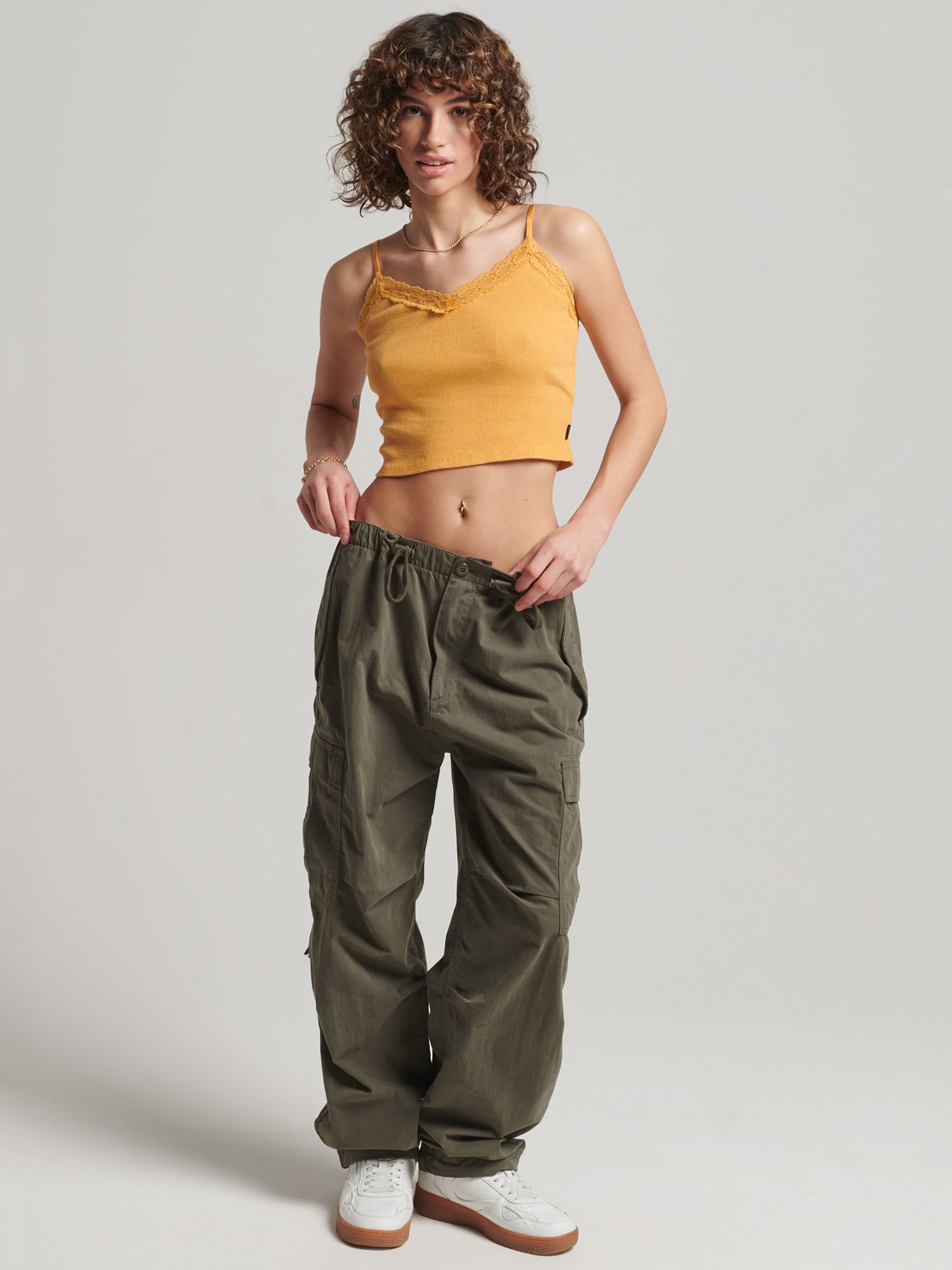 Superdry Rib Lace Trim Cami Top, Ochre Yellow Marl at John Lewis