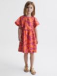 Reiss Kids' Jeanie Floral Print Flutter Sleeve Dress, Orange/Multi