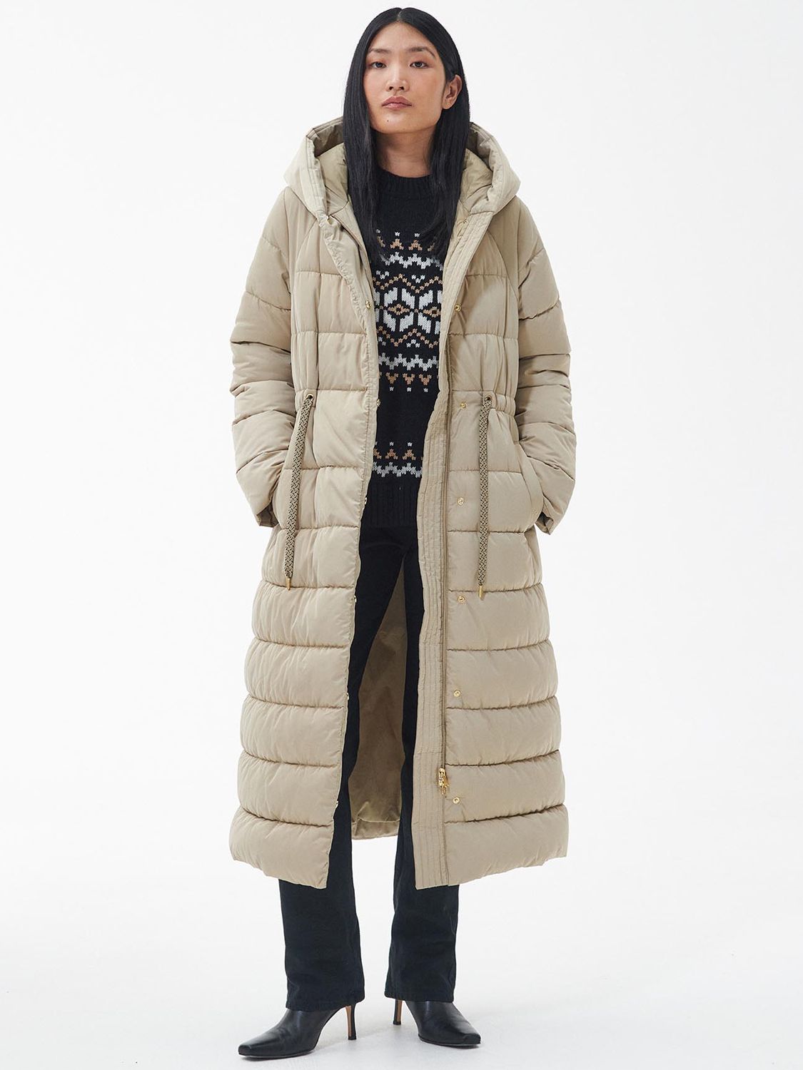 Barbour Alexandria Quilted Longline Coat, Fawn/Black at John Lewis ...