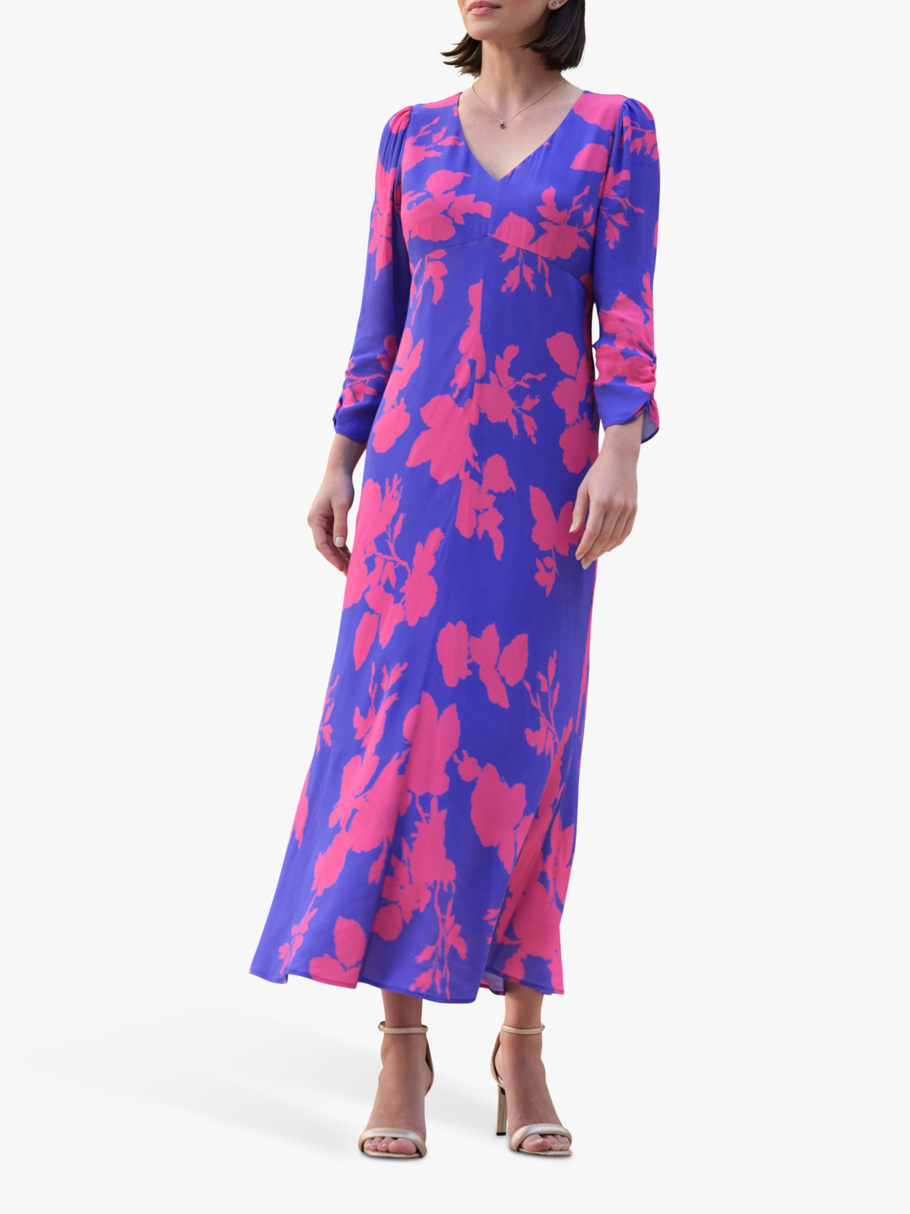 Pure Collection  Shirred Sleeve V Neck Floral Midi Dress, Blue/Pink, 8